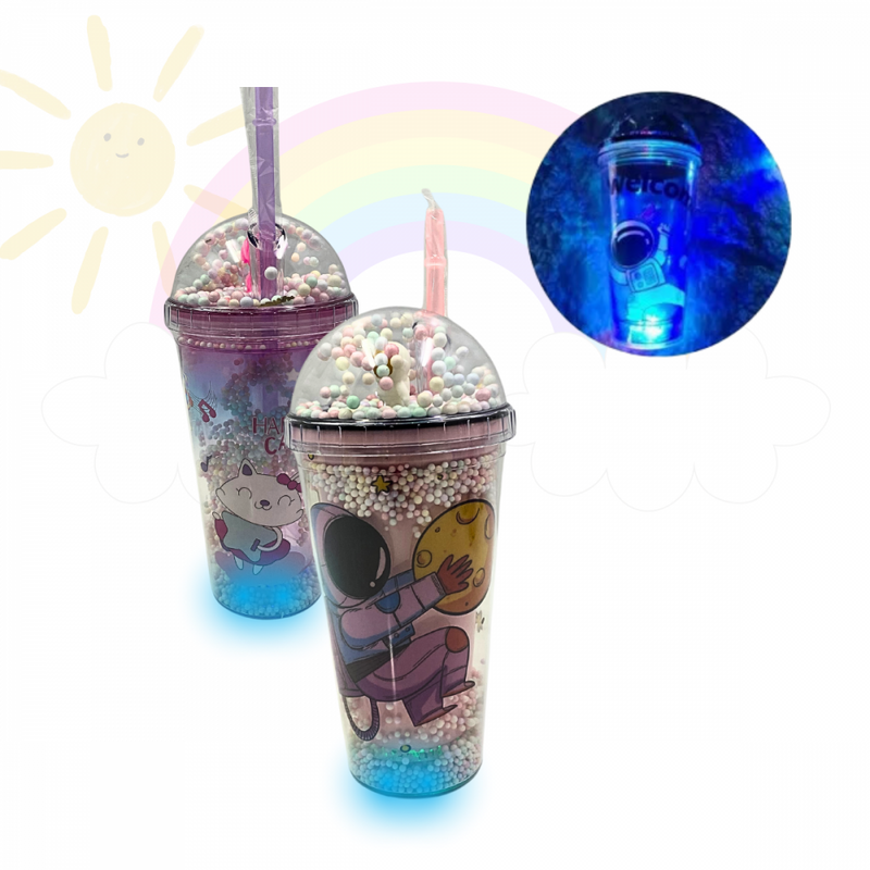 MagicGlow - Copo Infantil de Acrílico com LED, Tampa e Canudo 450ml